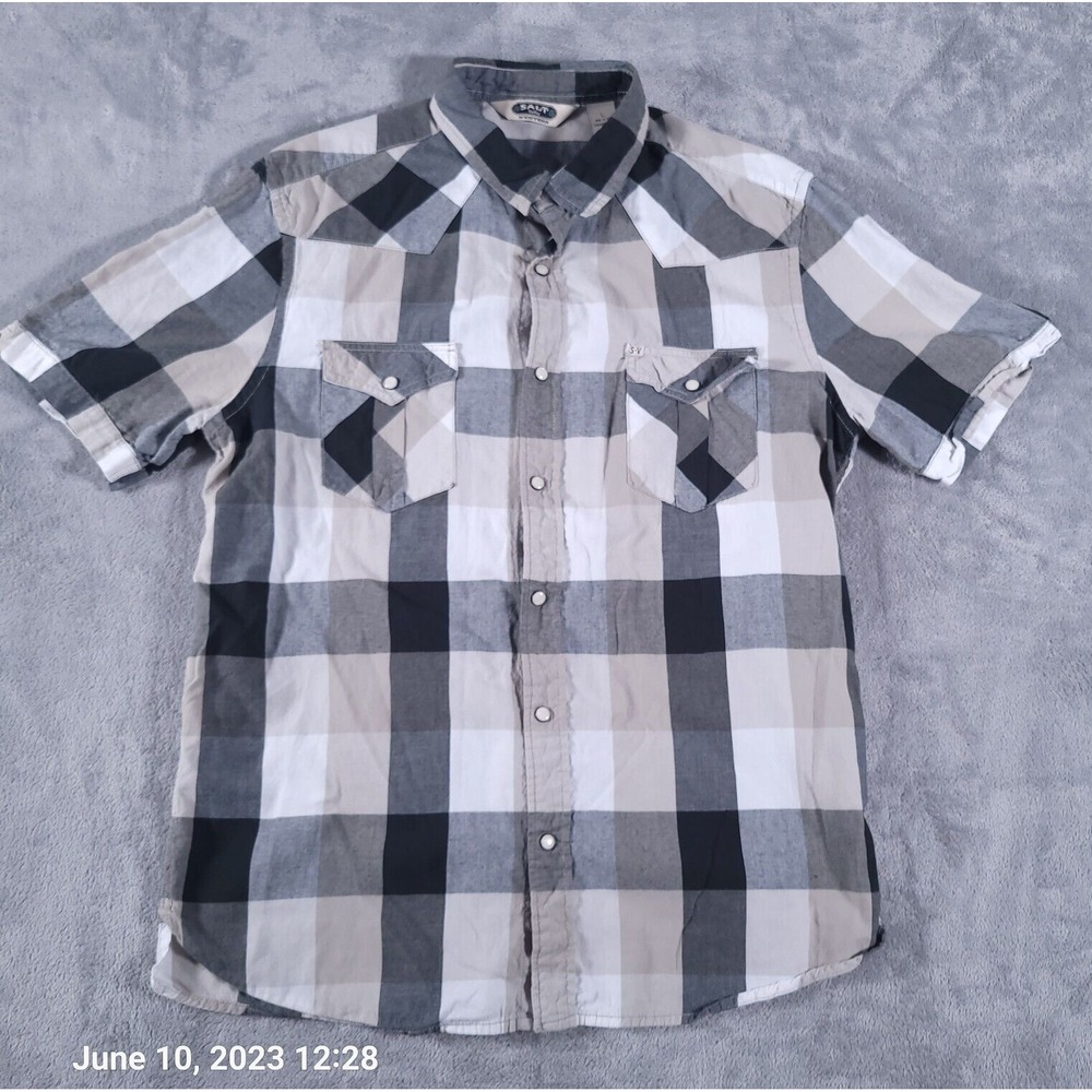 Salt Valley Western Shirt Mens Large Beige Gray Plaid Short Sleeve‎ Pearl Snap